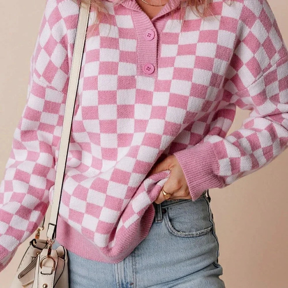 Pink Casual Women's Checkered Buttons Collar V Neck Drop Shoulder Sweater - Picture 3 of 5
